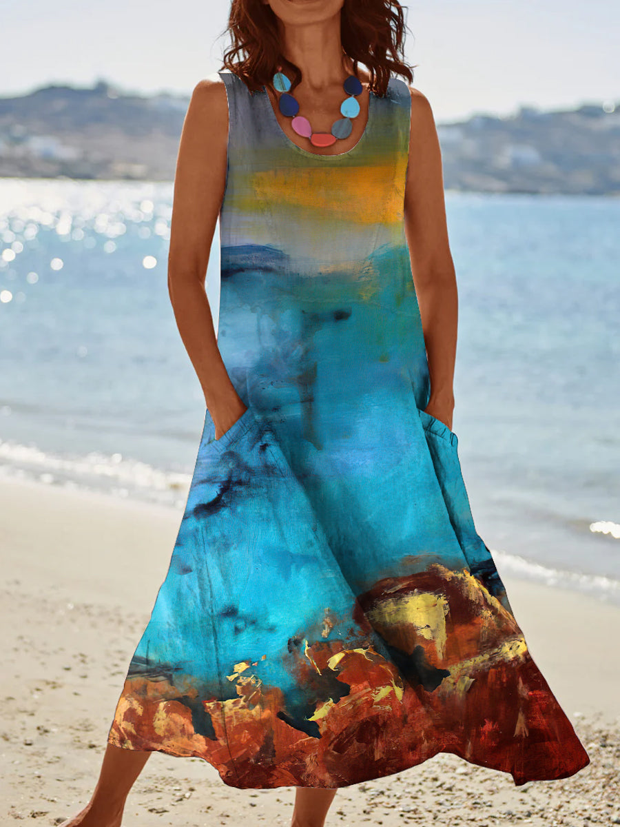 Women's Vintage Abstract Seascape Pattern Round Neck Dress