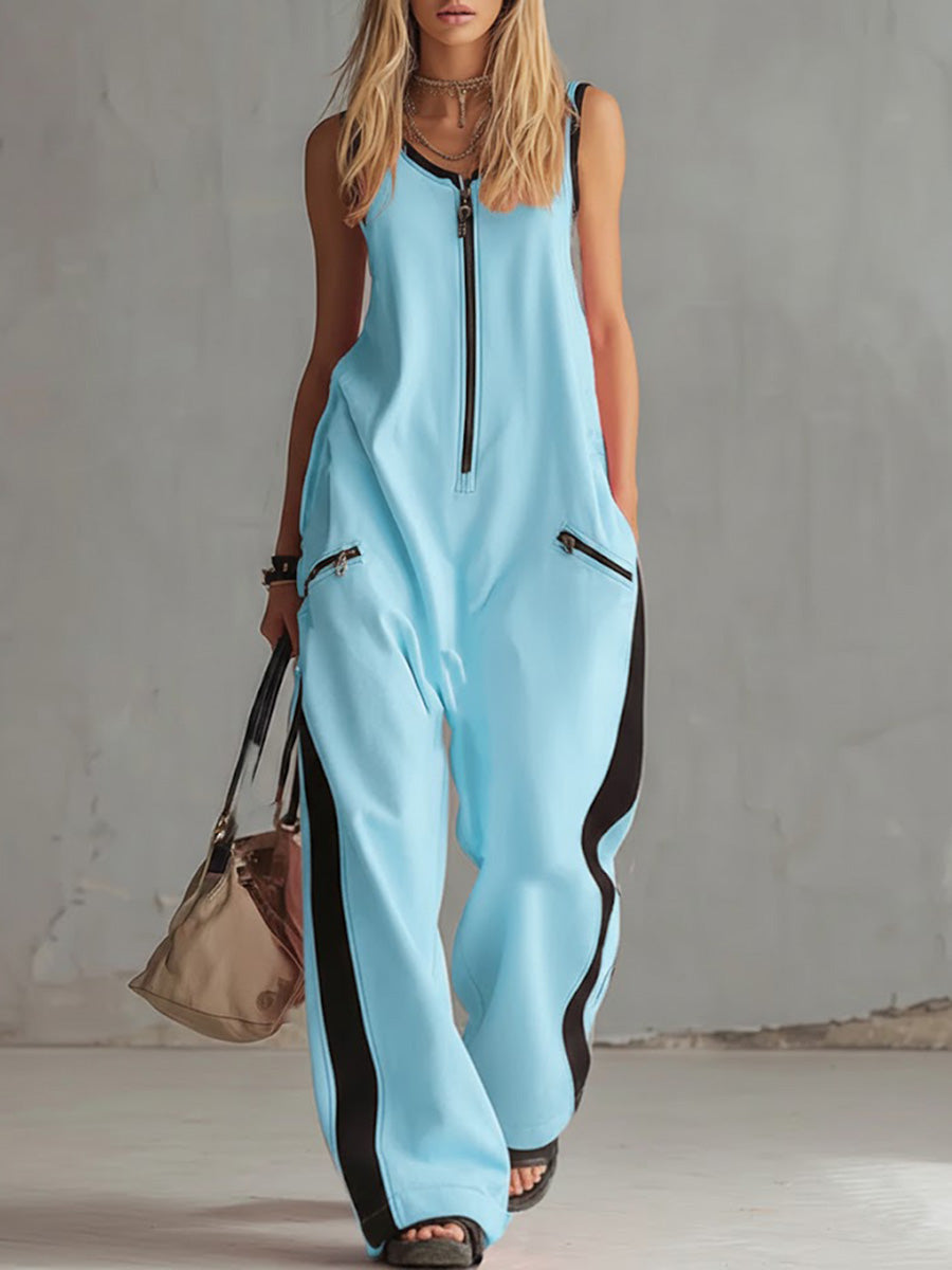 Damen ärmelloser, lässiger Jumpsuit aus Baumwolle mit Rundhalsausschnitt und weitem Bein