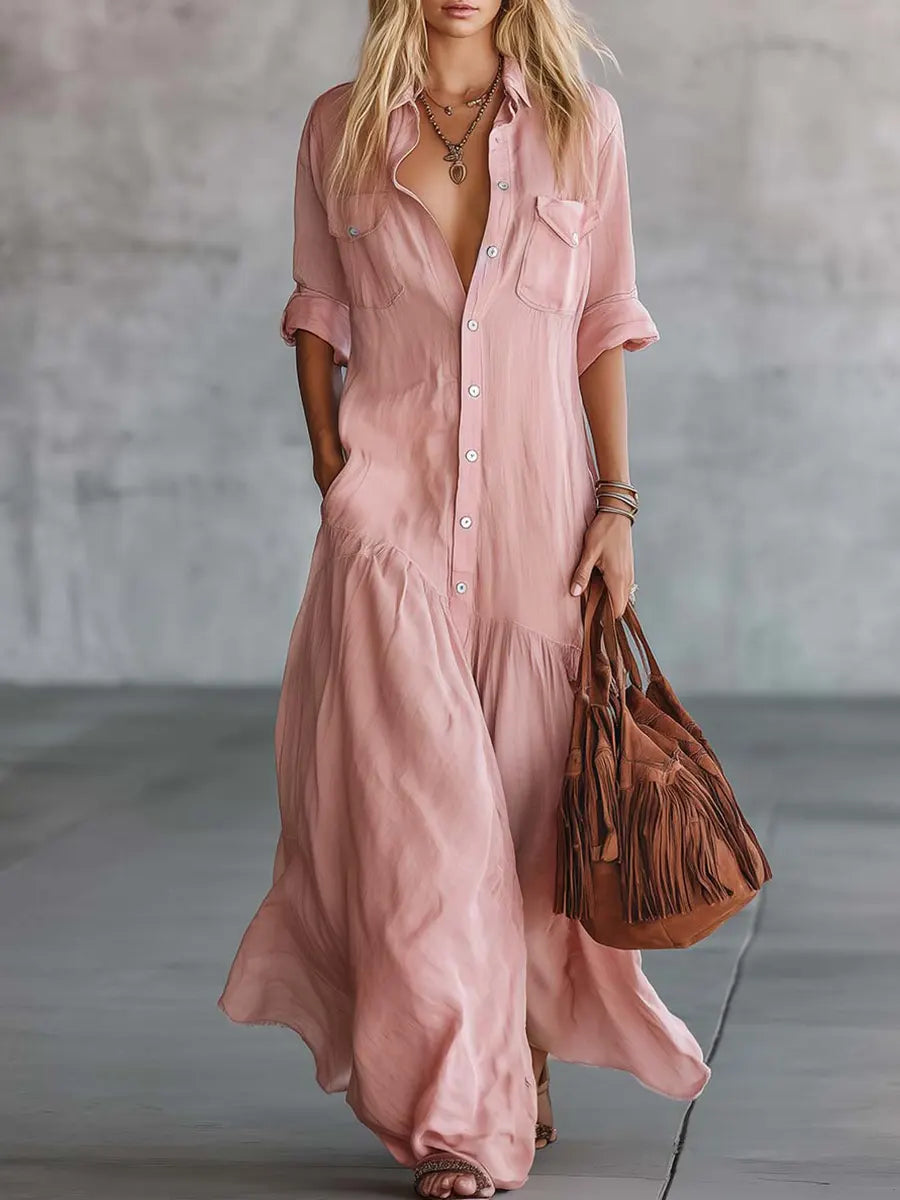 Women's Vintage Elegant Shirt-collar Maxi Dress