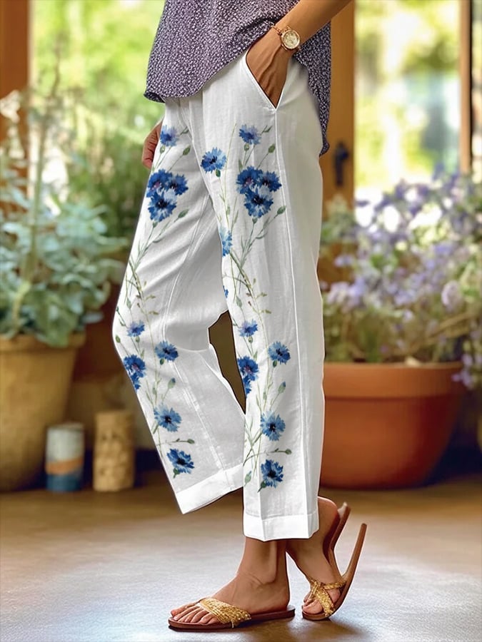 Women's Art Floral Loose  Pockets Casual Pants