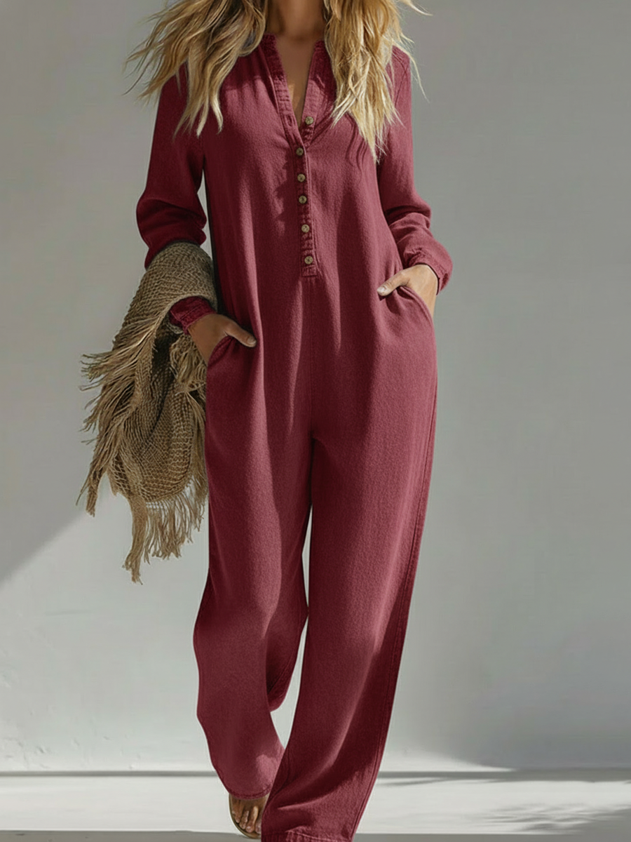 Cozy Henley-neck Button-up Wide-leg Jumpsuit