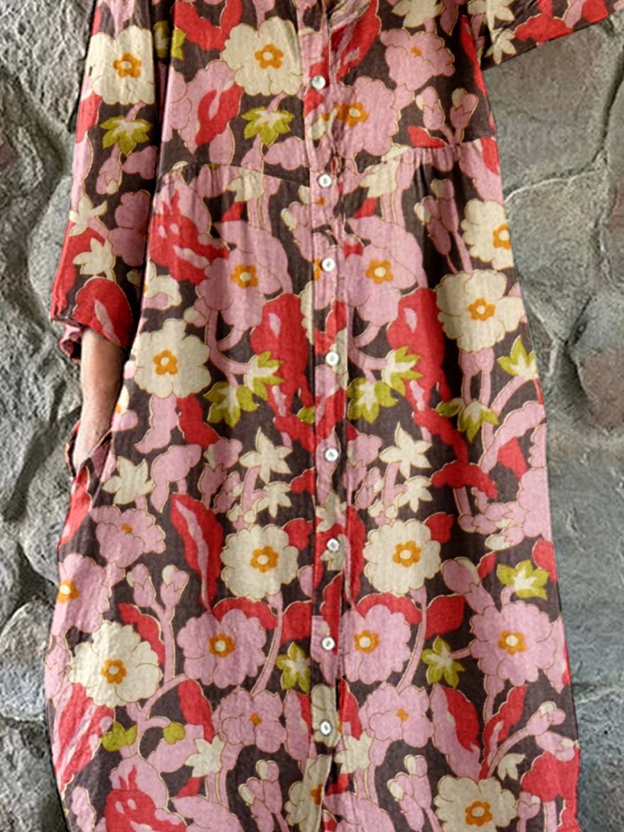 Women's Elegant Floral Print Cotton and Linen Shirt Dress