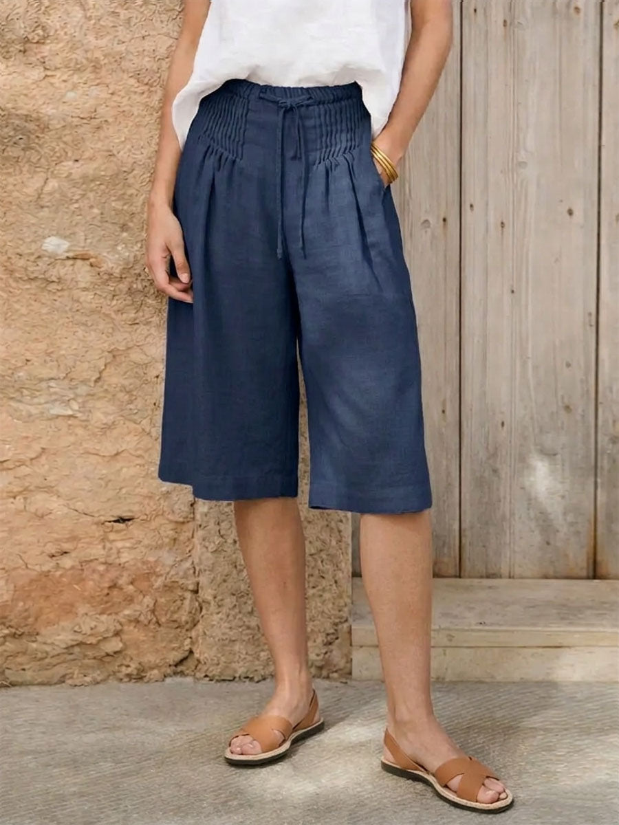 Women's Solid Color Elastic Waist Tie Casual Loose Cotton Linen Wide-leg Pants