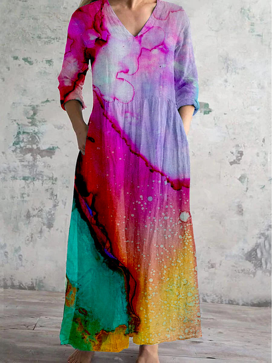 Women's V Neck Abstract Rendered Art Cotton Linen Pocket Dress