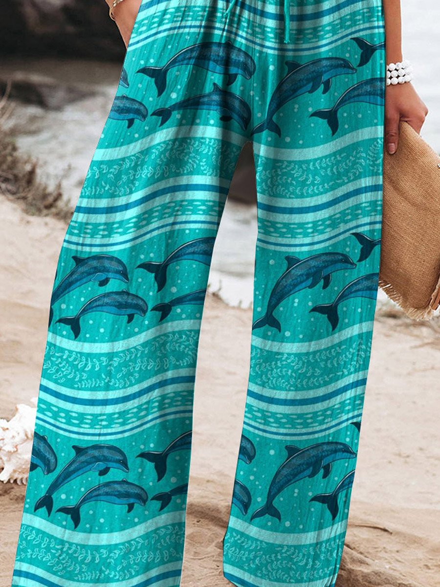 Women's Vintage Lovely Whales Ocean Art Printed Cotton And Linen Casual Pants