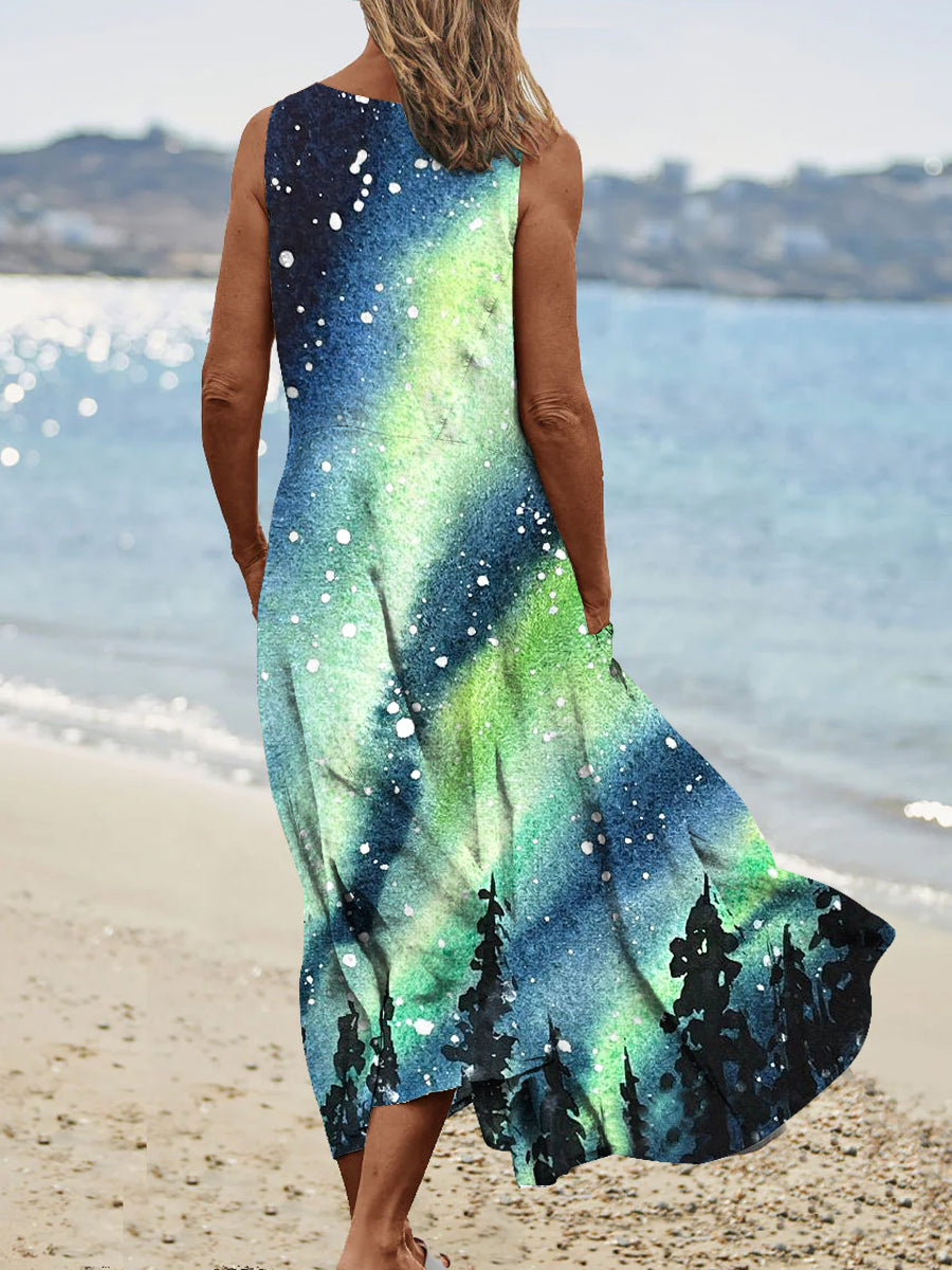Women's Vintage Watercolor Aurora Pattern Round Neck Dress