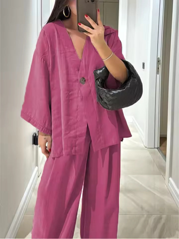 Casual V-neck loose long-sleeved top high waist trousers two-piece suit