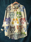 Colorful Crayon Hand-Painted Cat Print Cotton And Linen Shirt