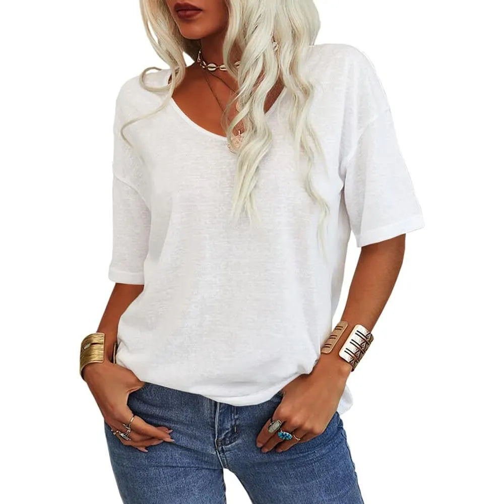 Damen V-Ausschnitt T-Shirt in Unifarbe