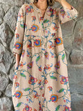 Women's Elegant Vintage Floral Pattern Shirt Style Cotton and Linen Dress
