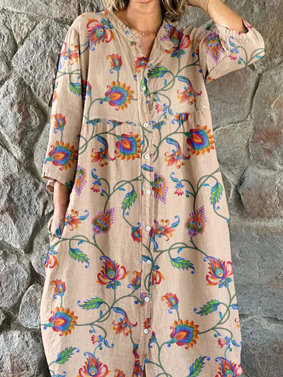Women's Elegant Vintage Floral Pattern Shirt Style Cotton and Linen Dress
