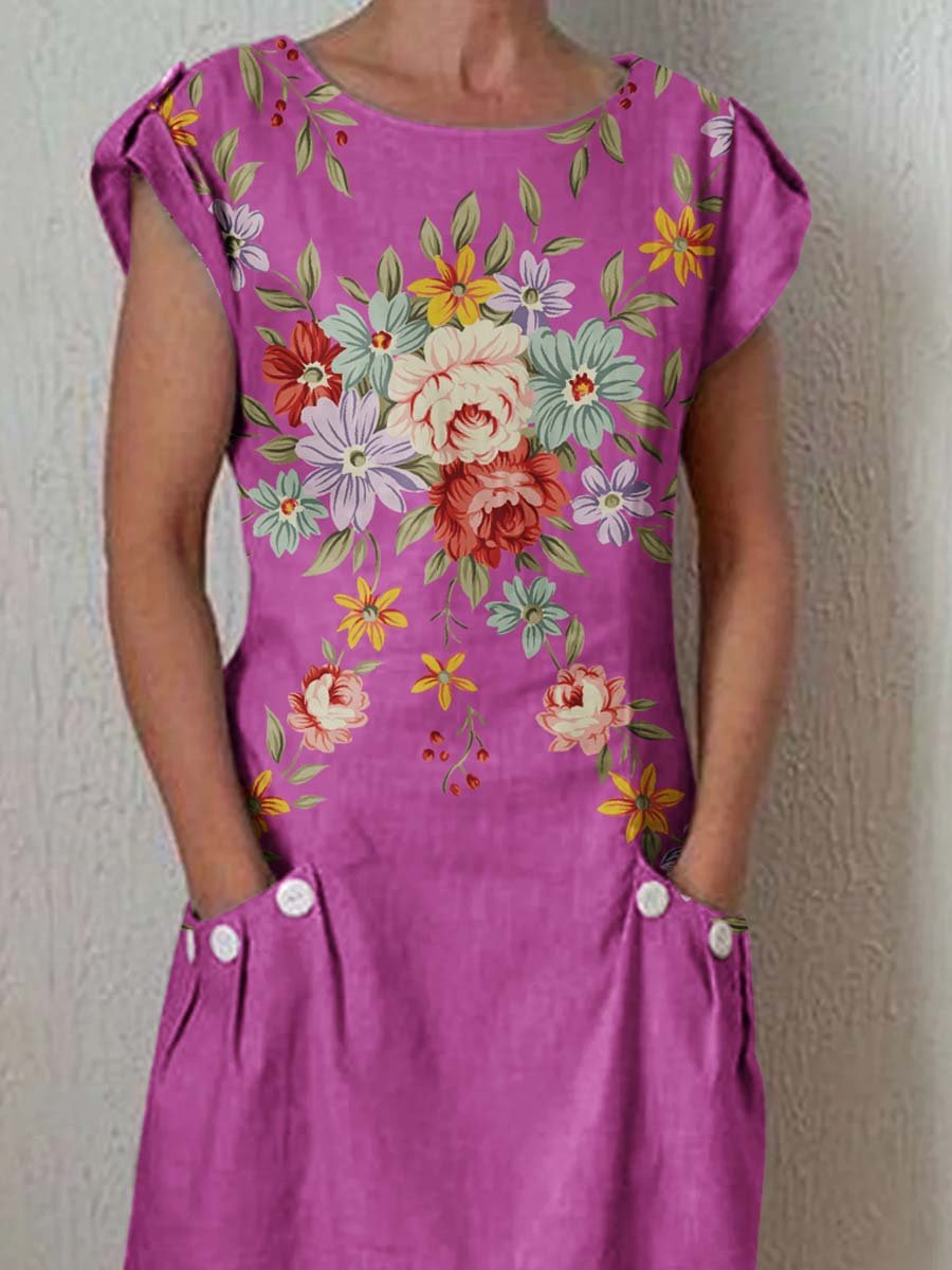 Women's Classic Floral Pattern Cotton and Linen Dress