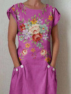 Women's Classic Floral Pattern Cotton and Linen Dress
