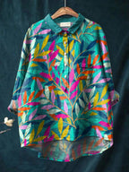 Women's Watercolor Flowers Floral Art Print Casual Cotton And Linen Shirt