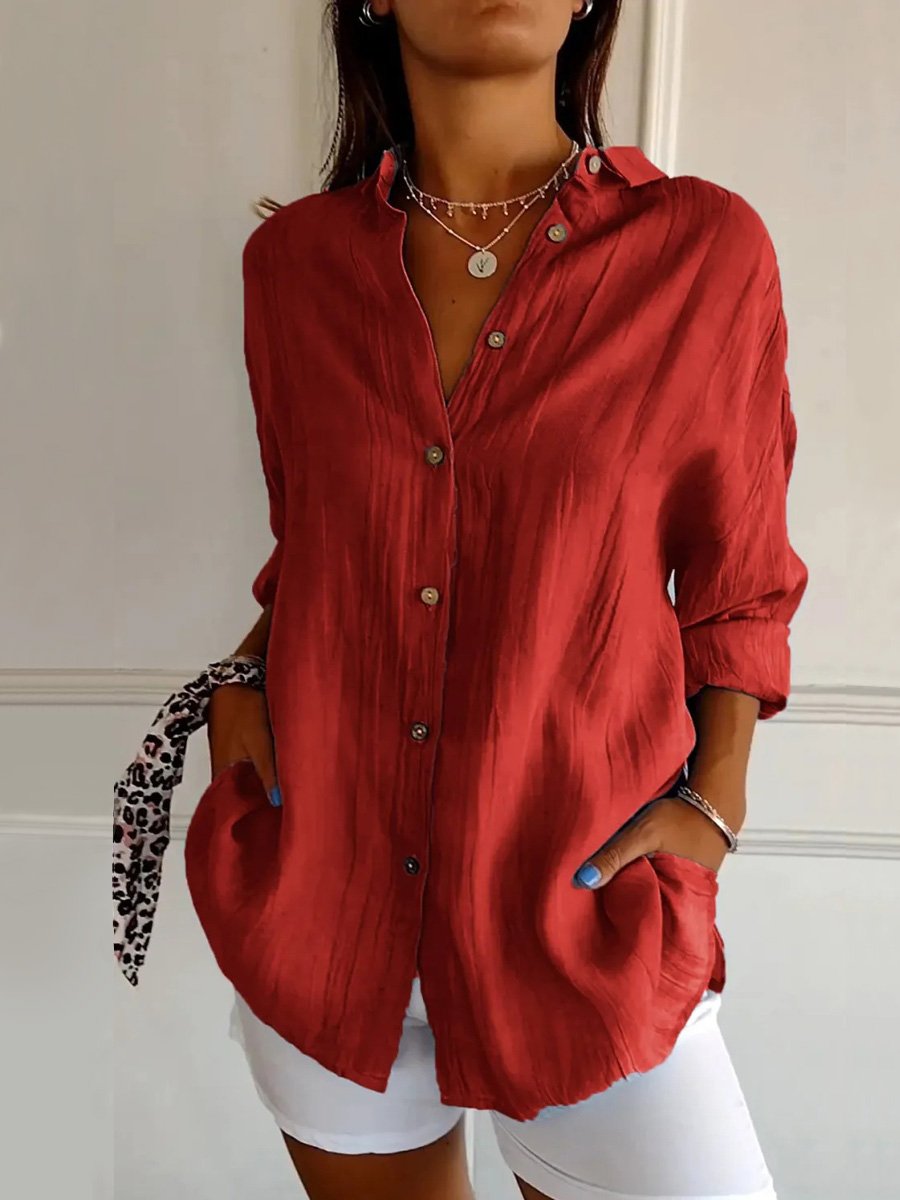Women's Single-Row Buttons Pleated Solid Color Shirt