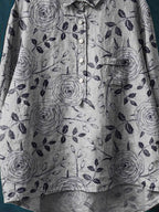 Vintage Lovely Floral Art Print Casual Cotton And Linen Shirt