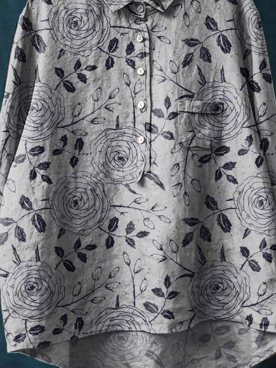 Vintage Lovely Floral Art Print Casual Cotton And Linen Shirt