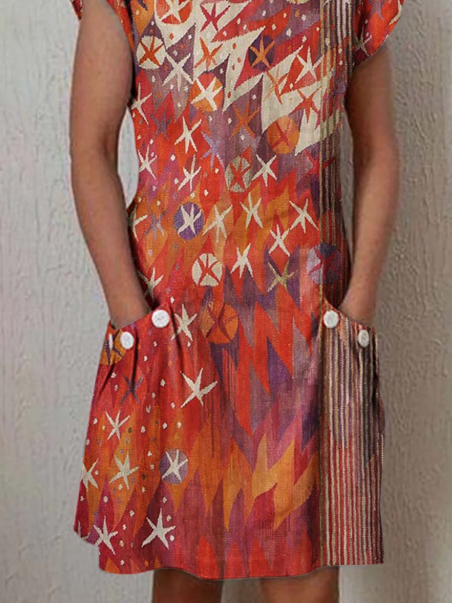 Women's Art Abstract Floral Pattern Cotton and Linen Dress