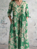 Women's V-neck Elegant Poppy Floral Print Cotton Dress
