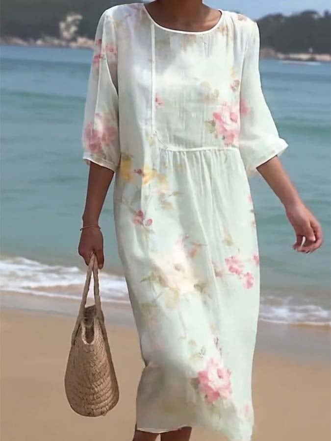Women's Casual  Round Neck Mid Sleeve Print Cotton and Linen Dress