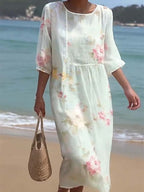 Women's Casual  Round Neck Mid Sleeve Print Cotton and Linen Dress