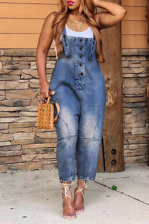 Fashion Casual Designer Style Denim Suspender Jumpsuit