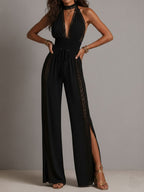 Boho Elegant Black Lace Panel Smocked Waist Wide Leg One-Piece Jumpsuit