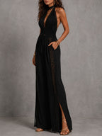 Boho Elegant Black Lace Panel Smocked Waist Wide Leg One-Piece Jumpsuit