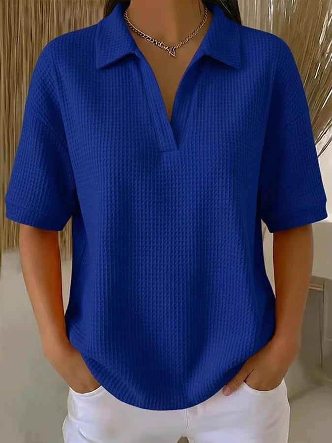 Women'S Casual Solid Color Lapel Short-Sleeved Top