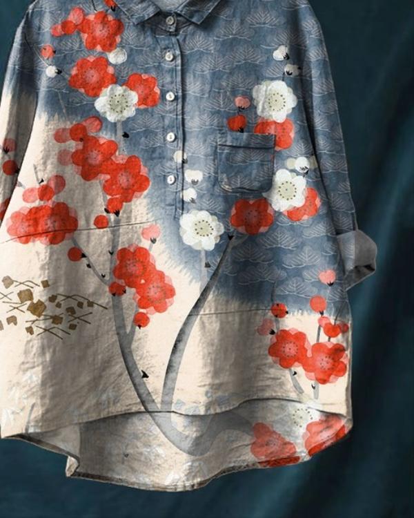 Women's Japanese Art Art Print Casual Cotton And Linen Shirt