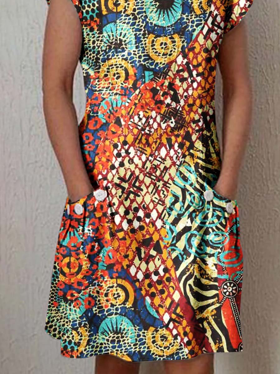 Women's Classic Art Floral Print Cotton and Linen  Dress