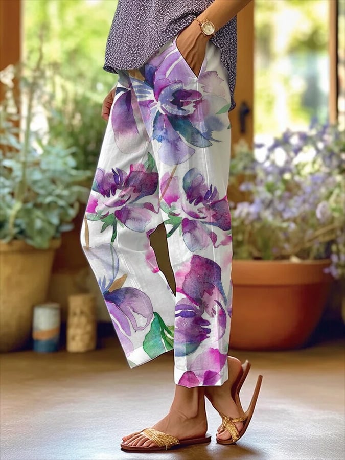 Women's Art Floral Loose  Pockets Casual Pants