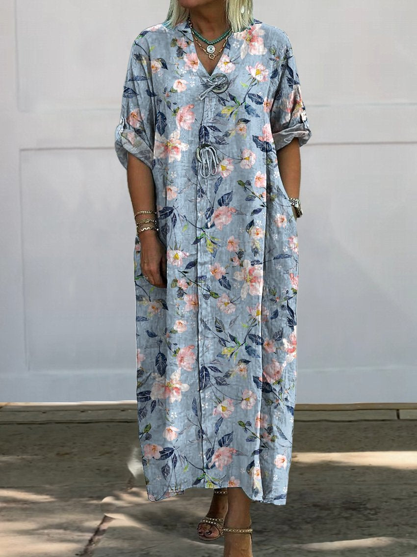 Spring Cherry Blossom Pattern Printed Women's Pocket Cotton Dress