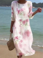 Women's Casual  Round Neck Mid Sleeve Print Cotton and Linen Dress