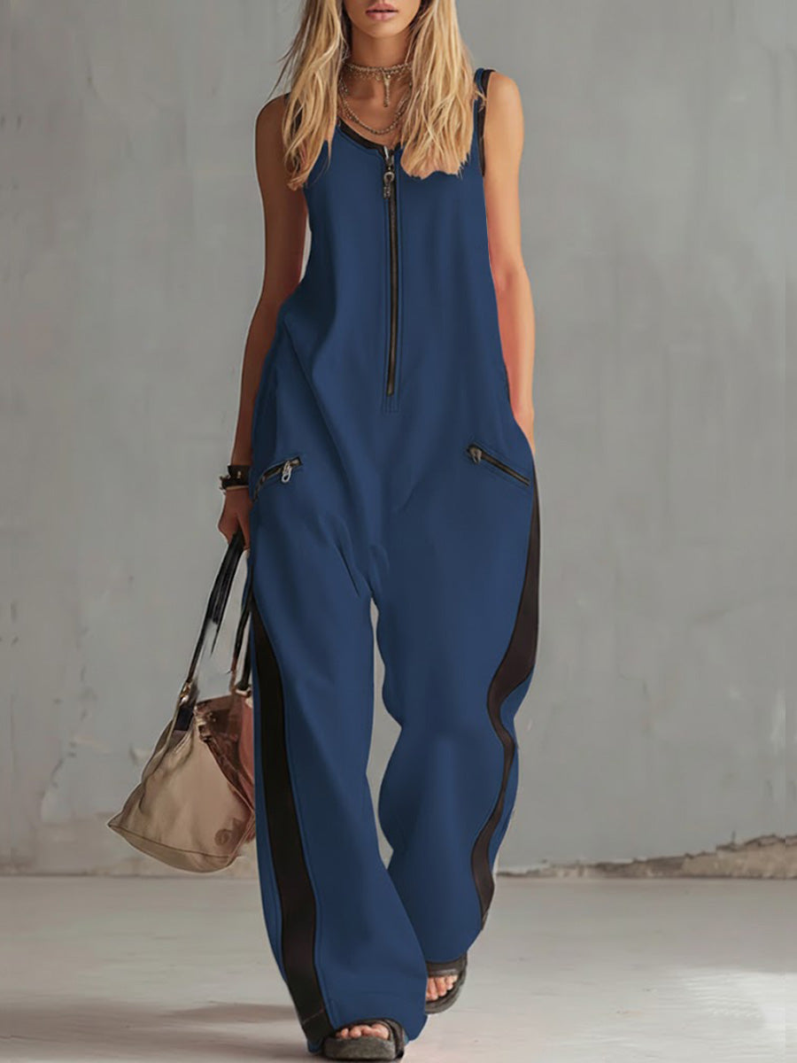 Damen ärmelloser, lässiger Jumpsuit aus Baumwolle mit Rundhalsausschnitt und weitem Bein