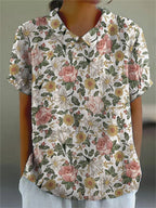 Retro Style Romantic French Garden Pattern Printed Women's Casual Cotton And Linen Shirt