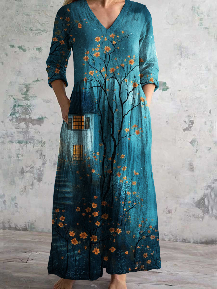 Women's V-neck Vintage Art Cotton and Linen Geometric Pattern Dress