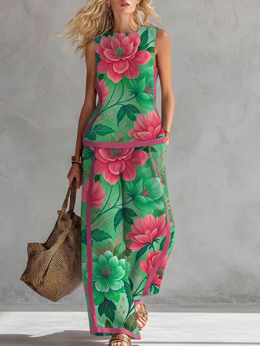 Women's Vintage-print Cotton-linen Set: Round-neck Sleeveless Loose-fit Top & High-waisted Wide-leg Pants