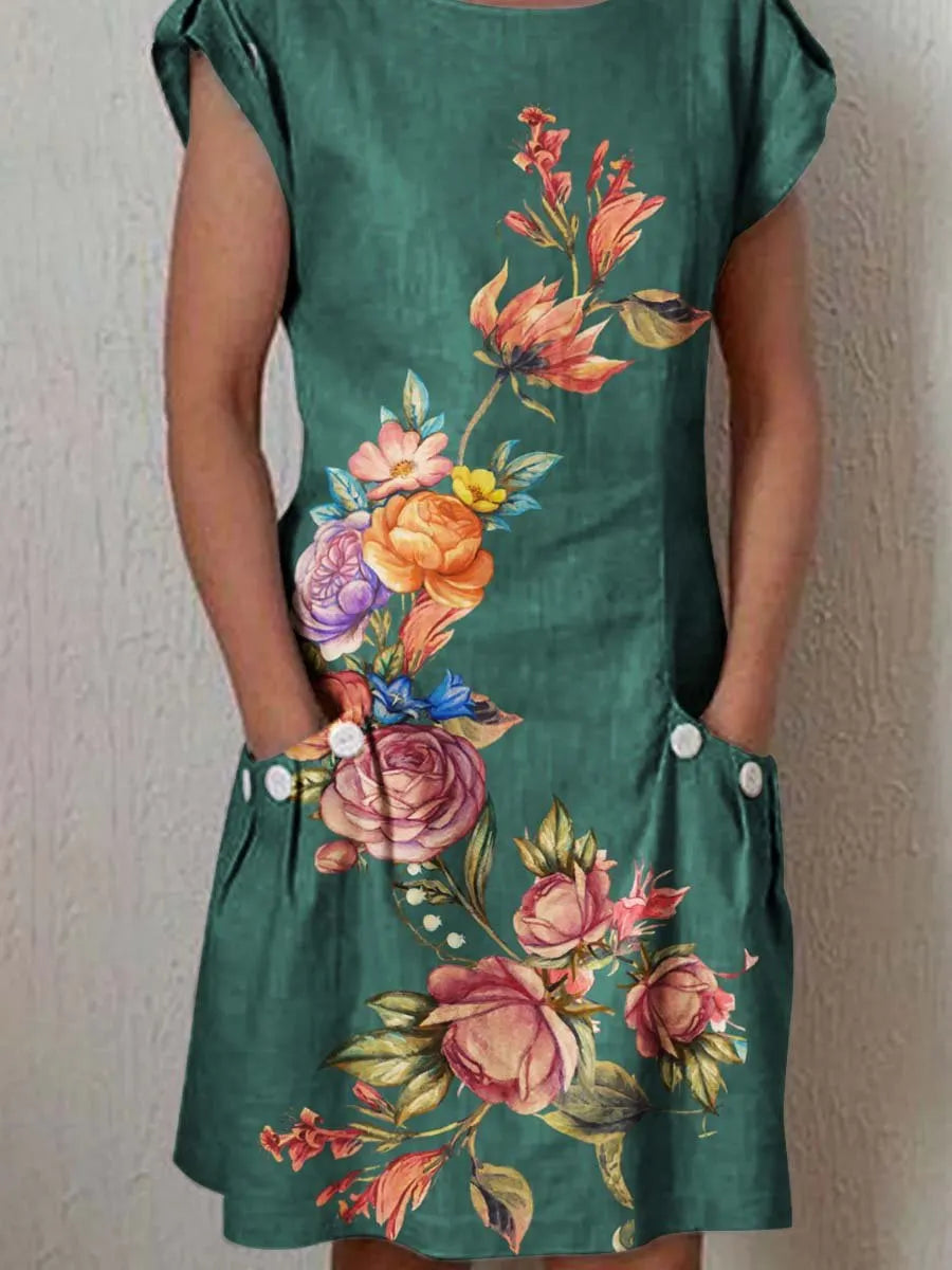 Women's Classic Floral Pattern Cotton and Linen Dress