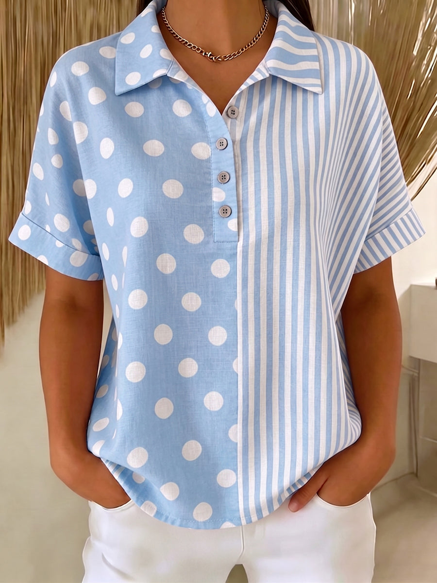 Artistic Polka Dot & Stripe Cotton-linen Blouse