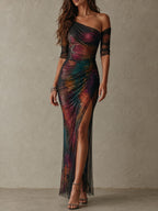 Retro Elegant Galaxy Print One-Shoulder Ruched Mesh Evening Maxi Dress