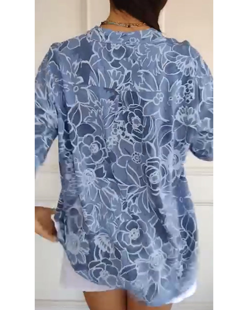 V-Neck Button-Down Printed Blouse