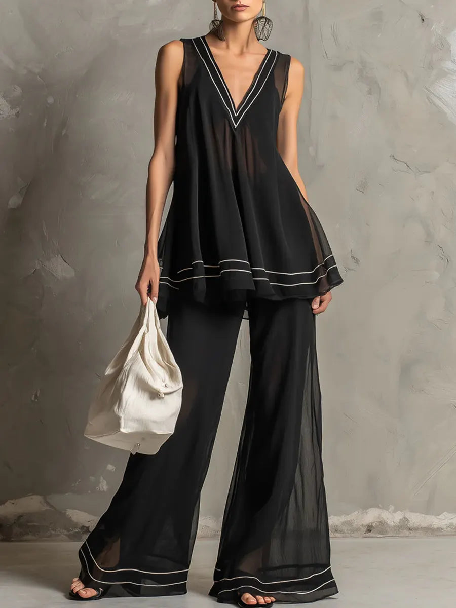 Women's Sleeveless V-neck Top And Pants Two-piece Set