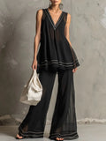 Women's Sleeveless V-neck Top And Pants Two-piece Set