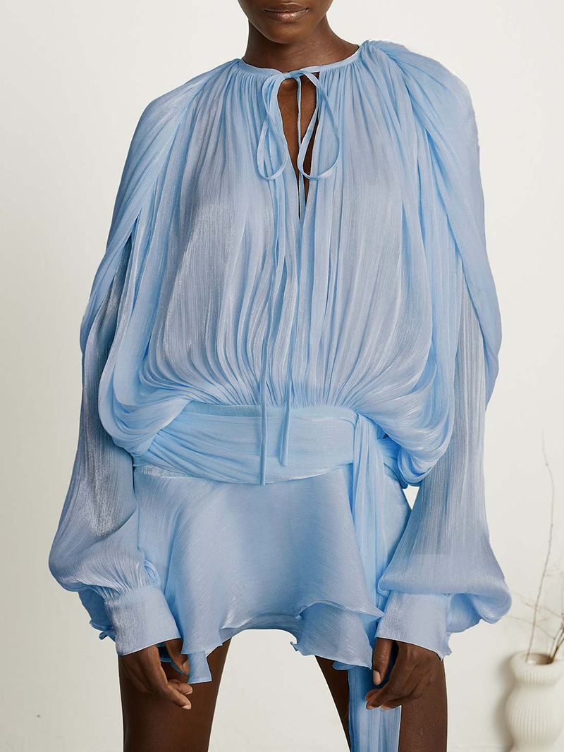 French-style ruffled and gathered short dress with leggings