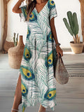 Women's V-Neck Vintage Peacock Feather Pattern Dress