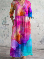 Women's V-neck Splash Art Cotton And Linen Dress With Pockets