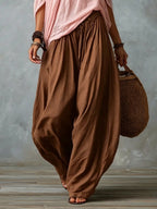 Pink Off-shoulder Top And Brown Loose-fitting Lantern Pants Suit