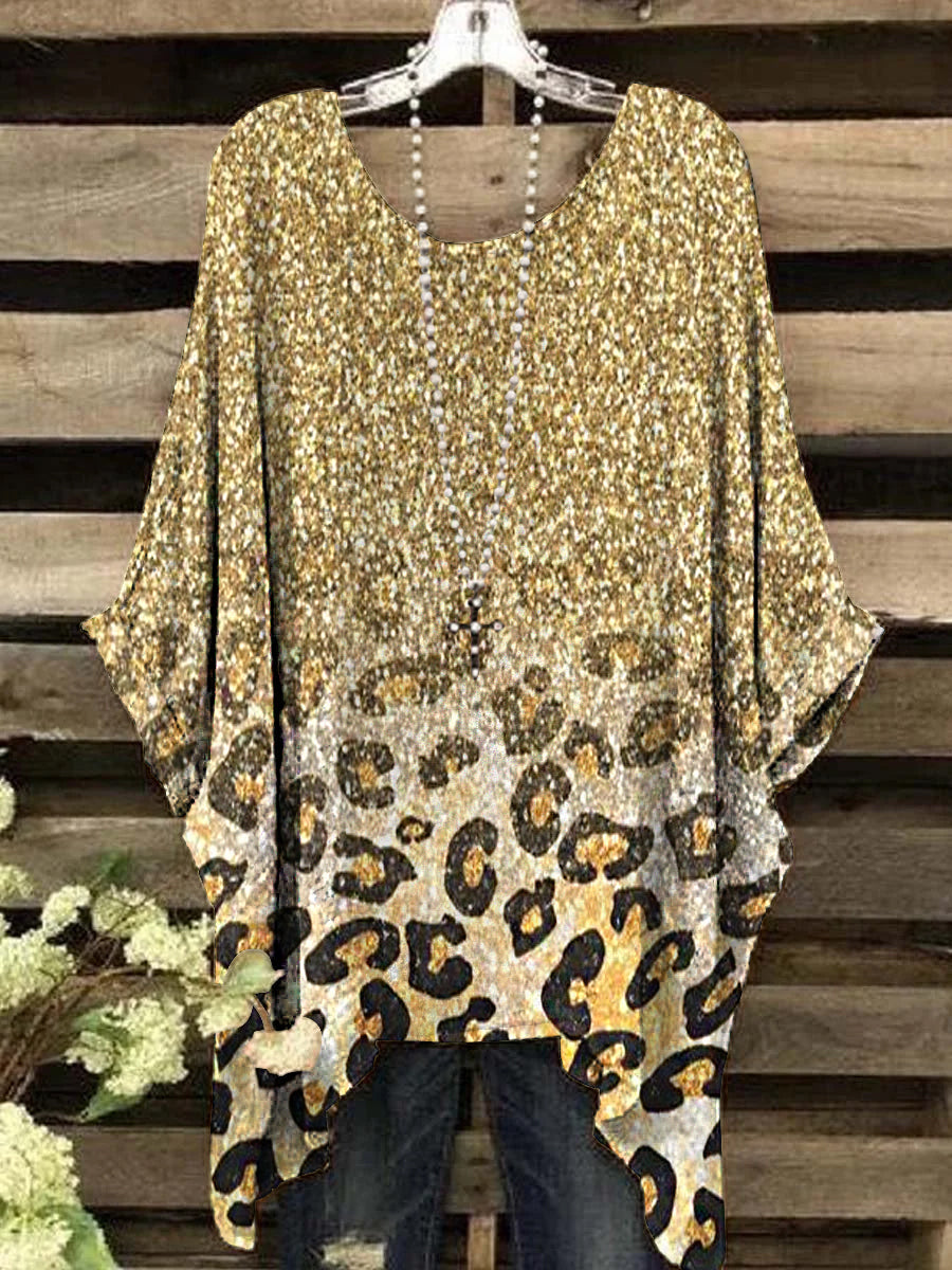 Women's Vintage Gold Dust Leopard Pattern Round Neck Top