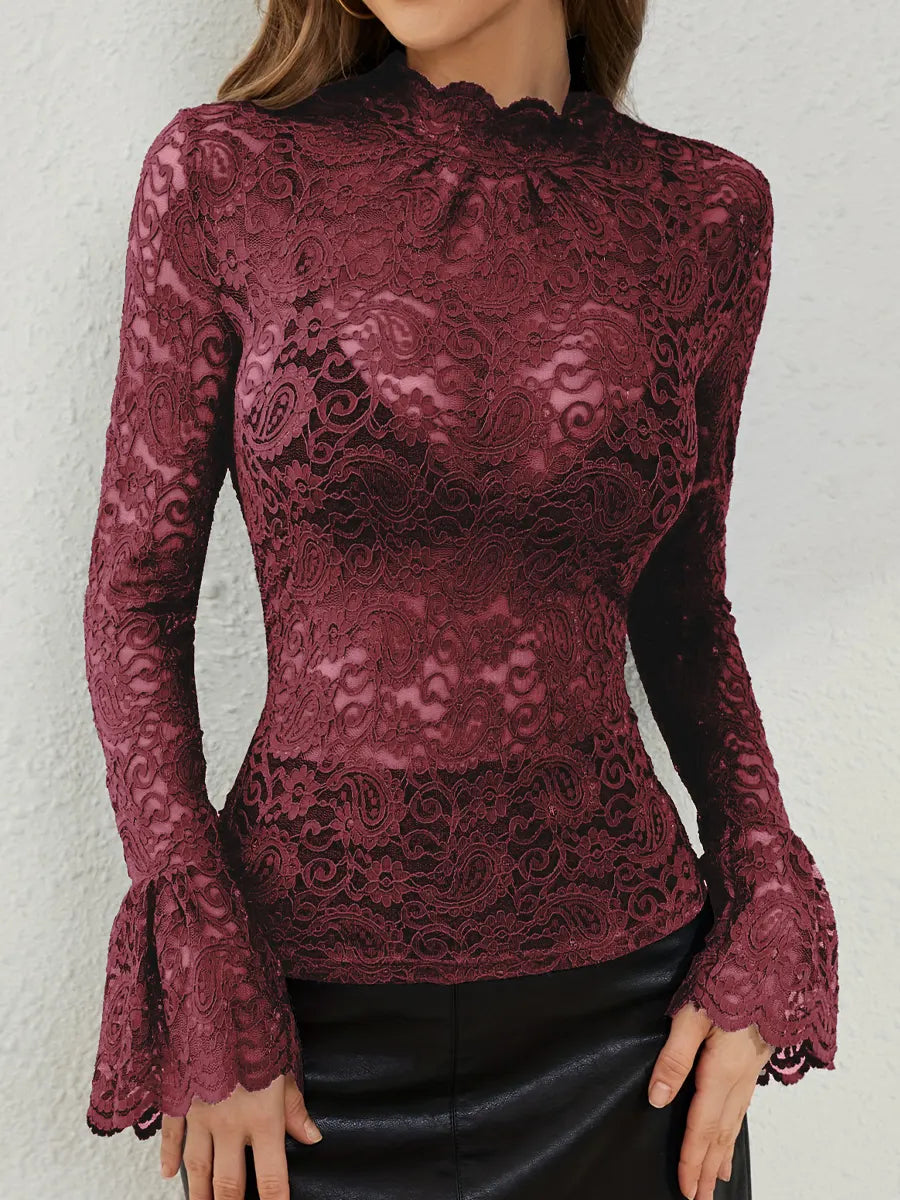 Women's Sexy Lace Trim Bell Sleeve Top